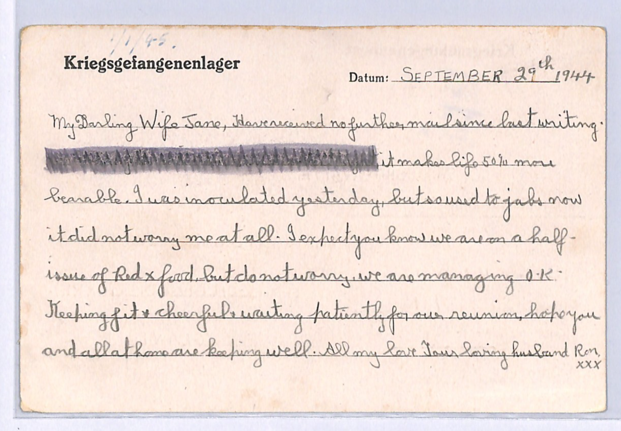 GREAT ESCAPE CAMP WW2 GB RAF POW Card STALAG LUFT 3 1944 Message *CENSORED* XO44