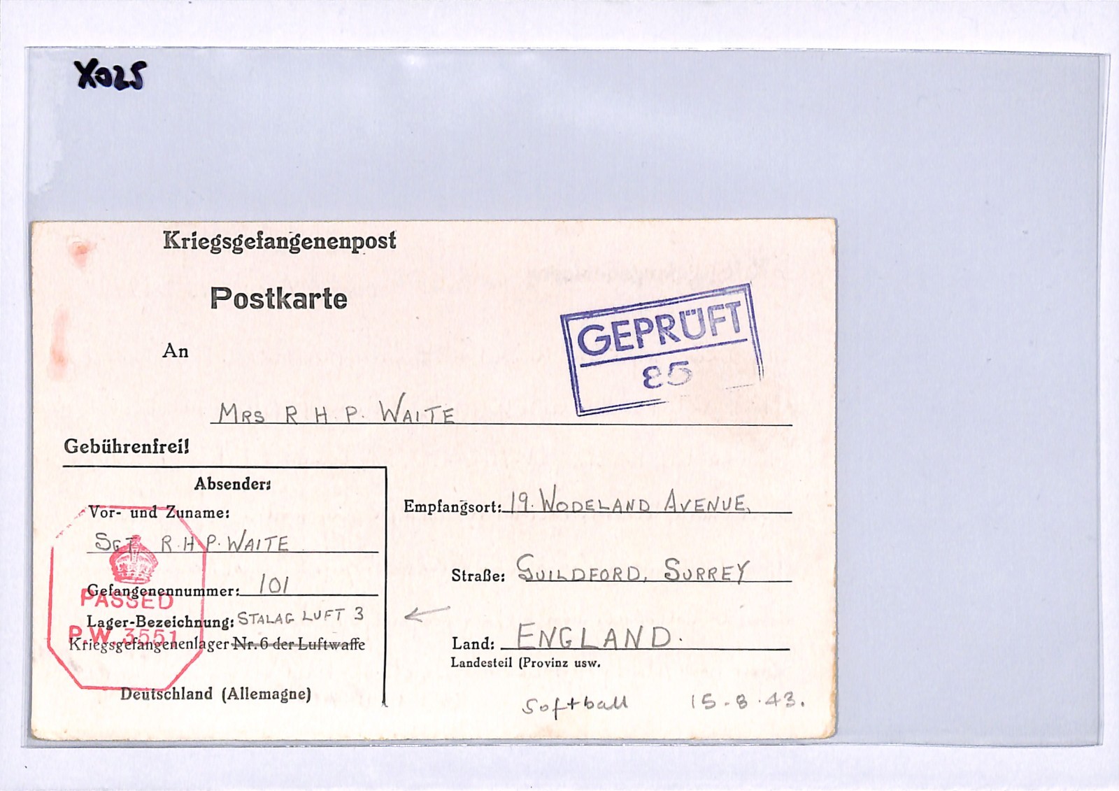 GREAT ESCAPE CAMP WW2 GB RAF POW Card *STALAG LUFT 3* Pen 1943 *SOFTBALL* XO25 - Image 3