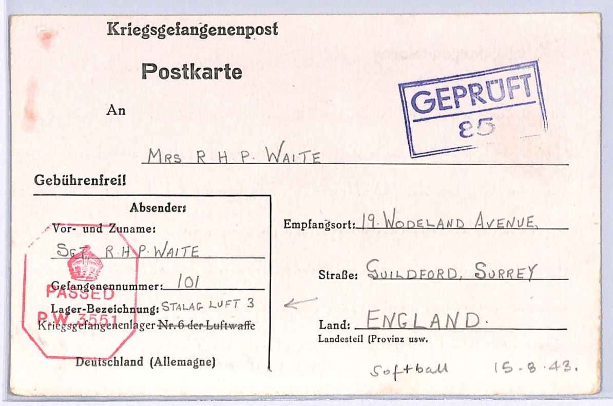 GREAT ESCAPE CAMP WW2 GB RAF POW Card *STALAG LUFT 3* Pen 1943 *SOFTBALL* XO25