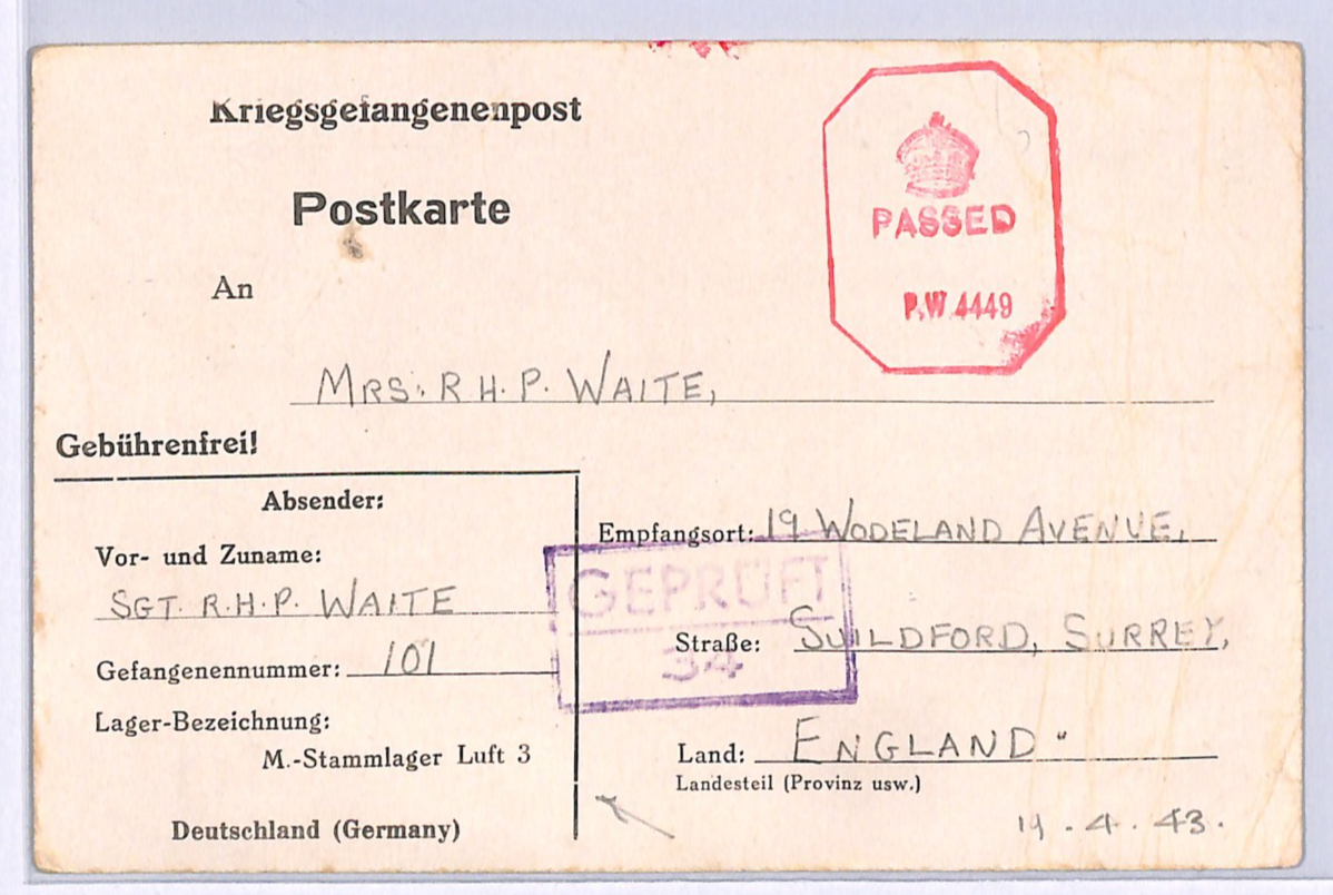 GREAT ESCAPE CAMP WW2 GB RAF POW Card STALAG *Luft 3* IMPRINT 1943 Surrey XO32 - Image 2