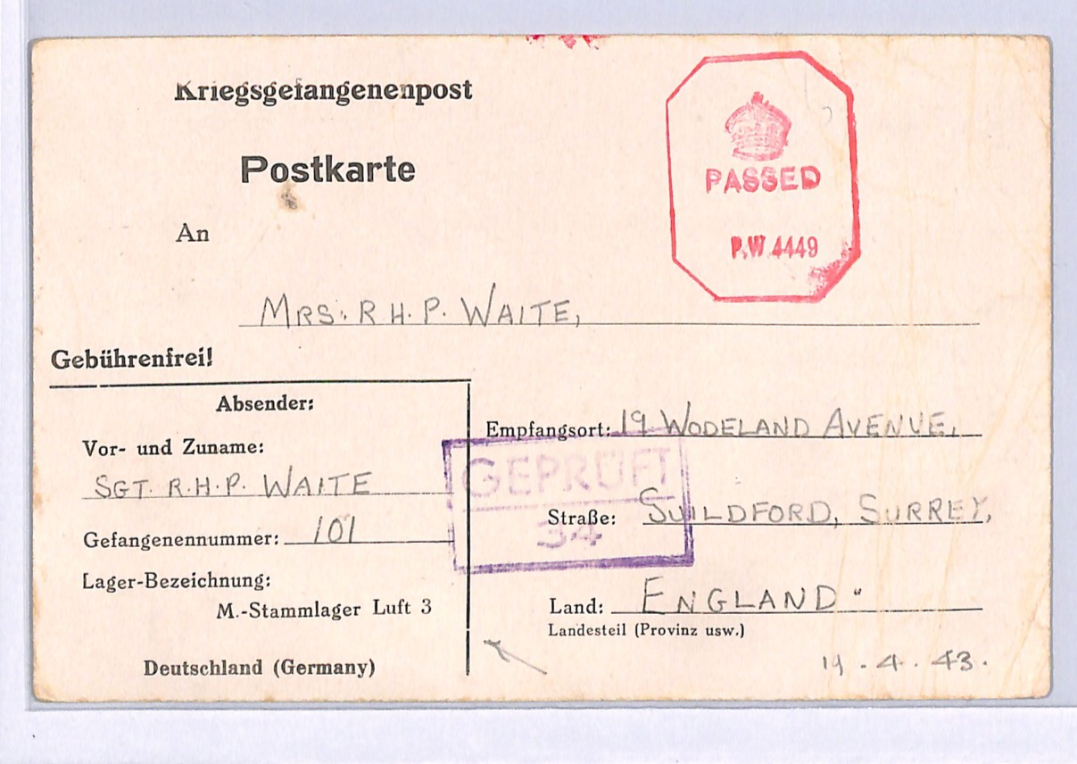 GREAT ESCAPE CAMP WW2 GB RAF POW Card STALAG *Luft 3* IMPRINT 1943 Surrey XO32 - Image 5
