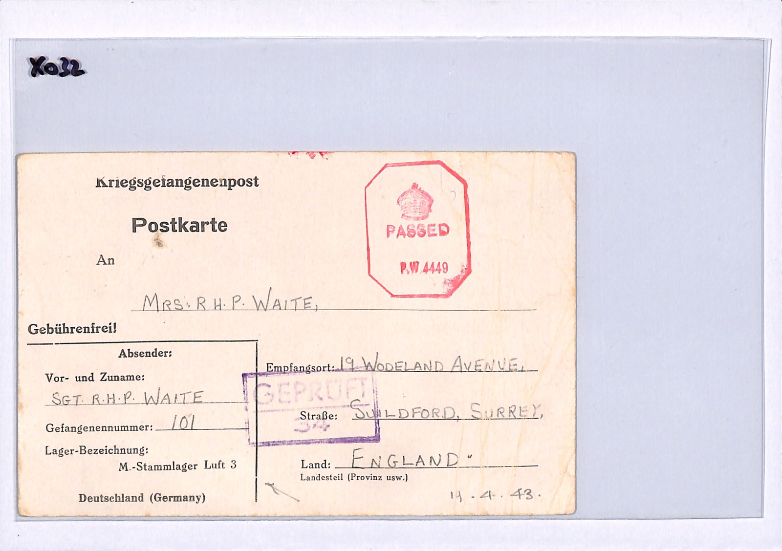 GREAT ESCAPE CAMP WW2 GB RAF POW Card STALAG *Luft 3* IMPRINT 1943 Surrey XO32 - Image 7
