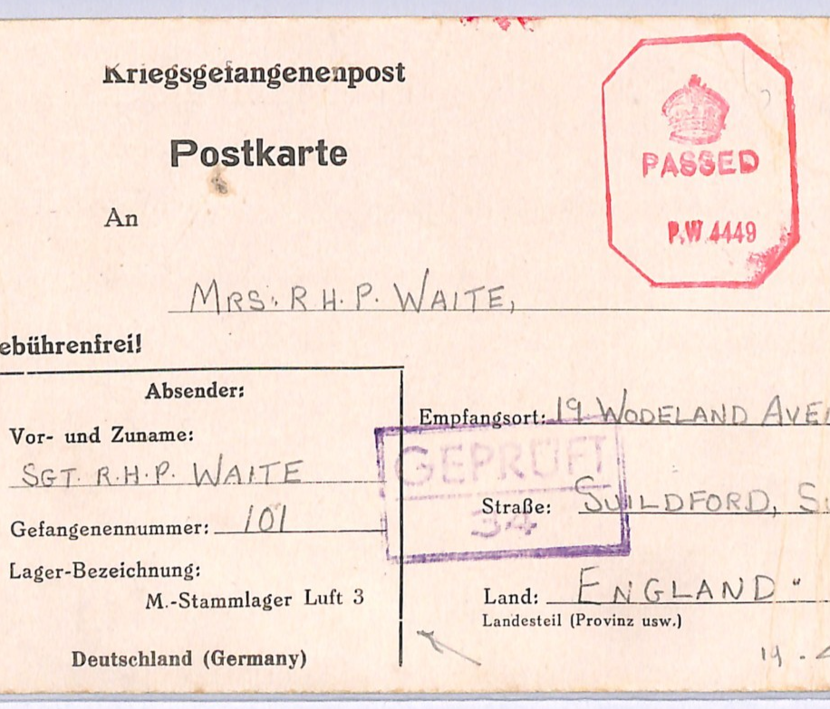 GREAT ESCAPE CAMP WW2 GB RAF POW Card STALAG *Luft 3* IMPRINT 1943 Surrey XO32