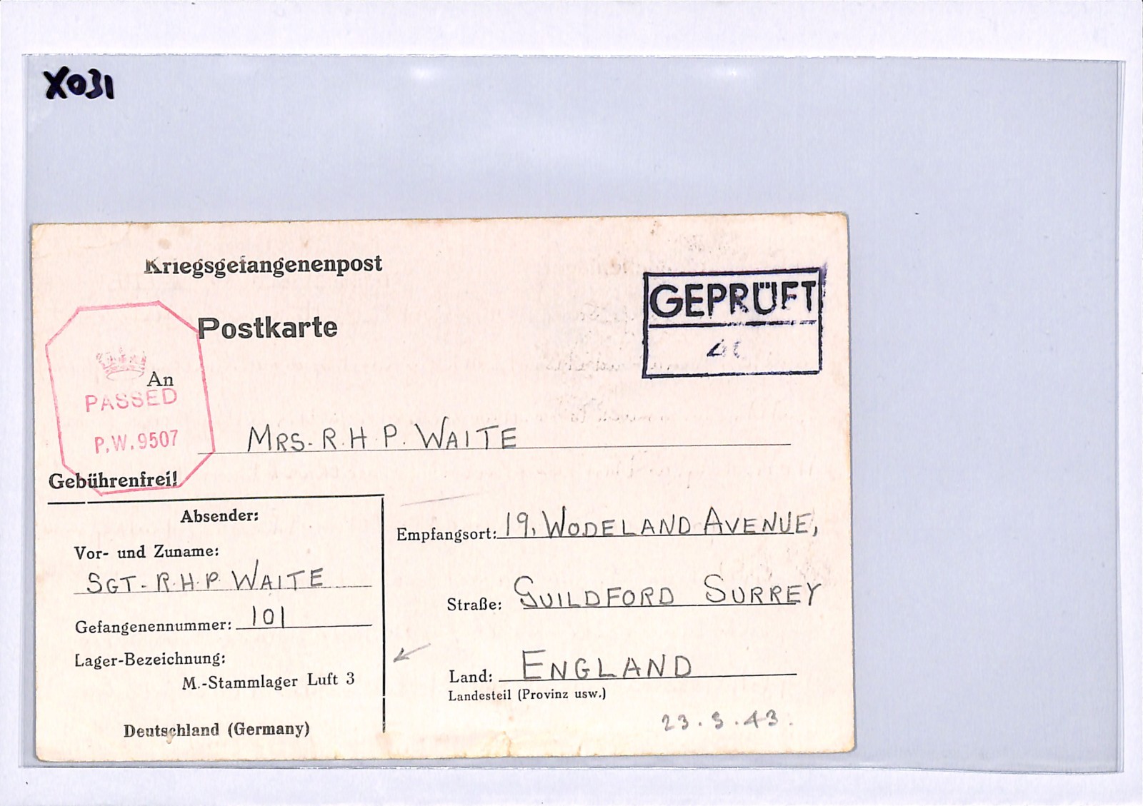 GREAT ESCAPE CAMP WW2 GB RAF POW Card STALAG *Luft 3* IMPRINT 1943 Tobacco XO31 - Image 4