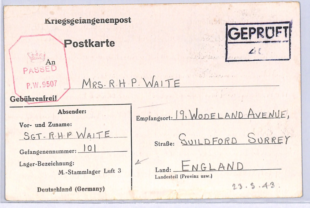 GREAT ESCAPE CAMP WW2 GB RAF POW Card STALAG *Luft 3* IMPRINT 1943 Tobacco XO31