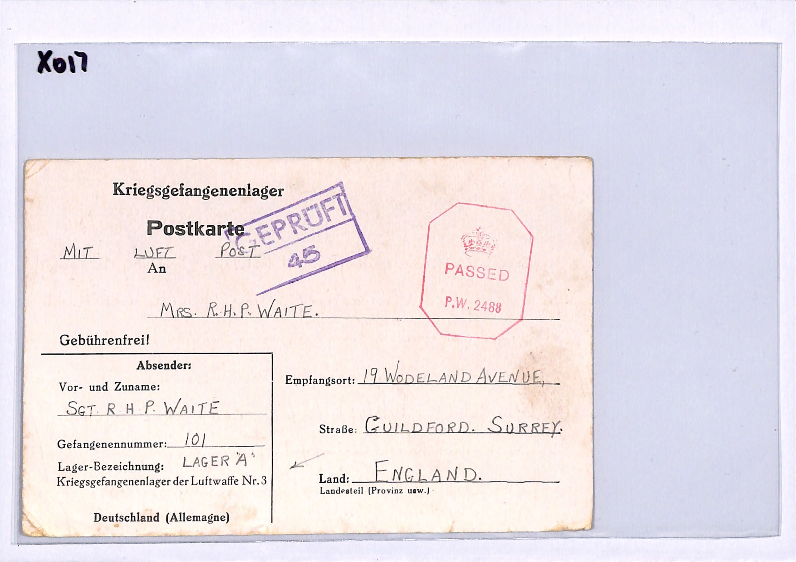 GREAT ESCAPE CAMP WW2 GB RAF POW Card STALAG *Luftwaffe Nr.3* Imprint 1944 XO17 - Image 6