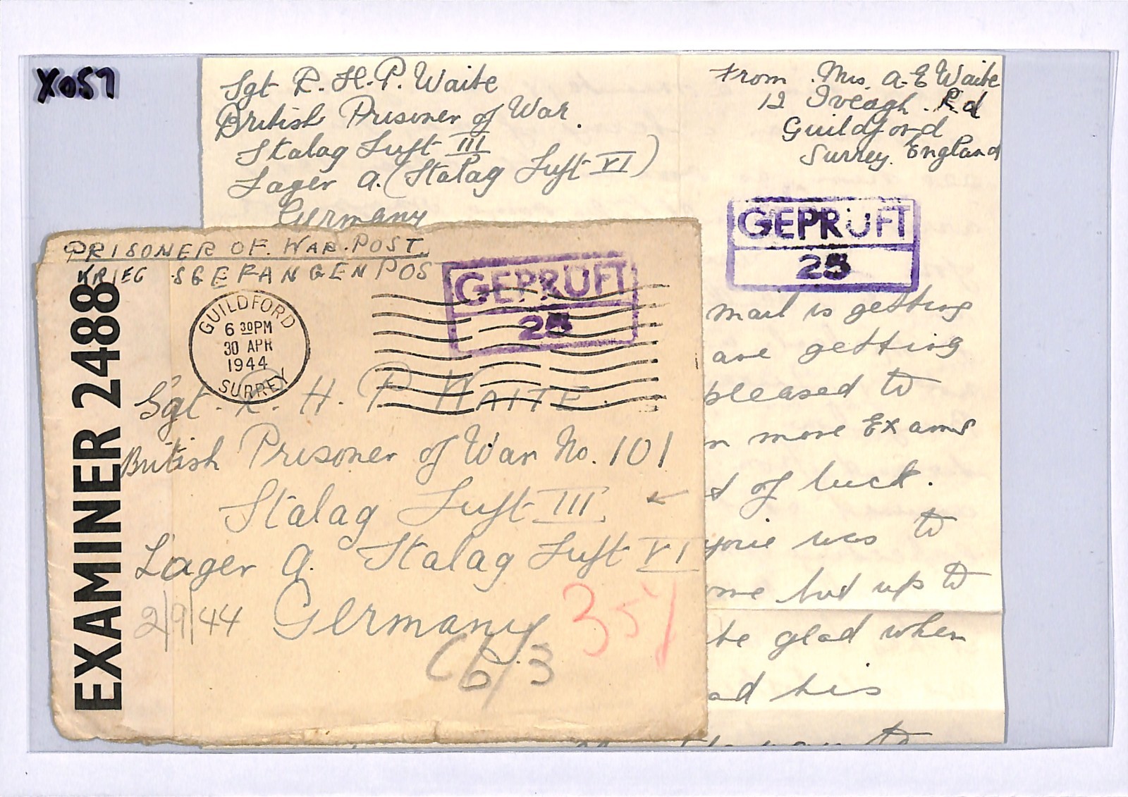 GREAT ESCAPE CAMP WW2 Guildford Cover GB RAF POW STALAG LUFT 3 1944 Letter XO57 - Image 3