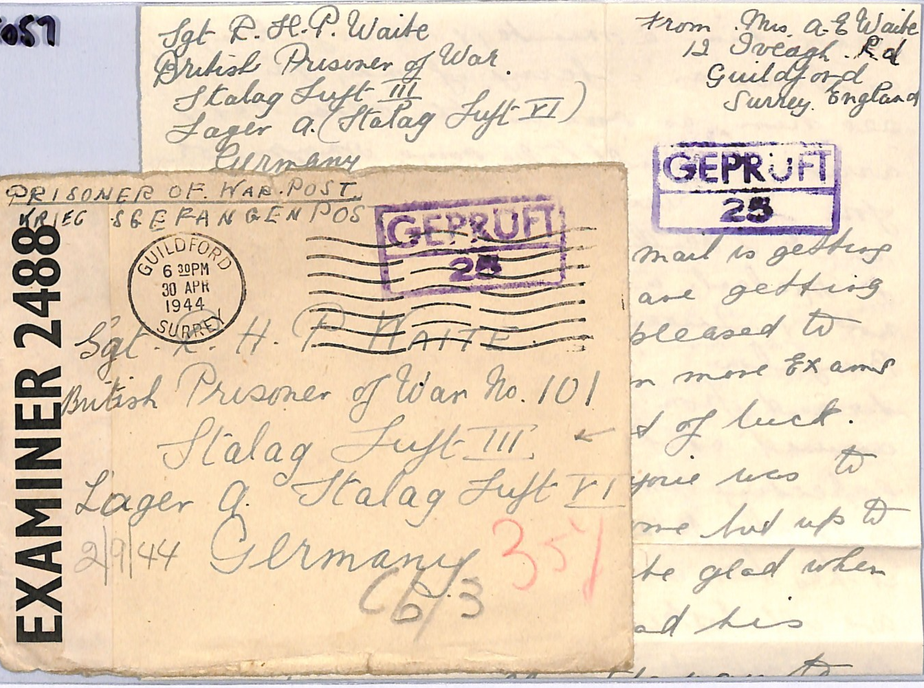 GREAT ESCAPE CAMP WW2 Guildford Cover GB RAF POW STALAG LUFT 3 1944 Letter XO57