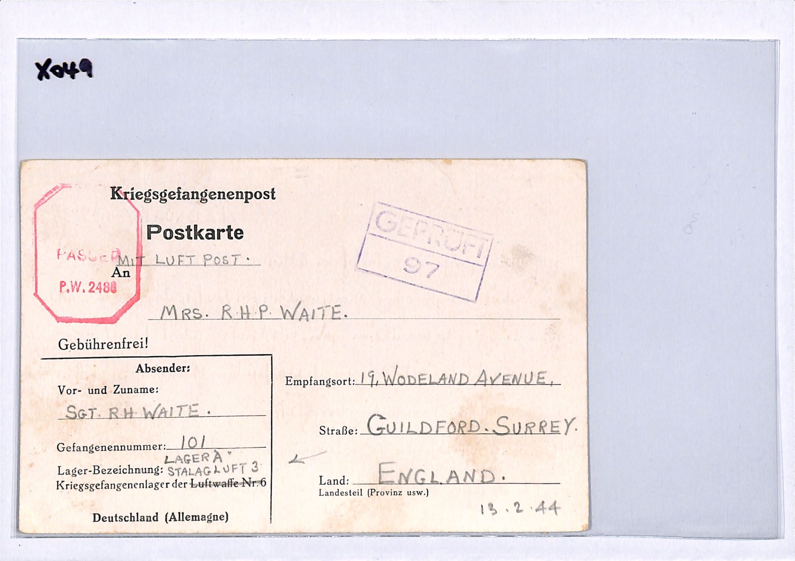 GREAT ESCAPE CAMP WW2 POW Card *STALAG LUFT 3* Altered Imprint 1944 RAF Sgt XO49 - Image 3