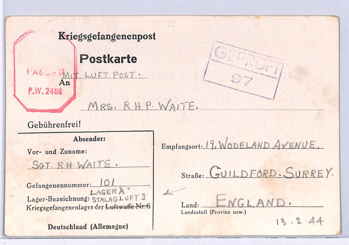 GREAT ESCAPE CAMP WW2 POW Card *STALAG LUFT 3* Altered Imprint 1944 RAF Sgt XO49