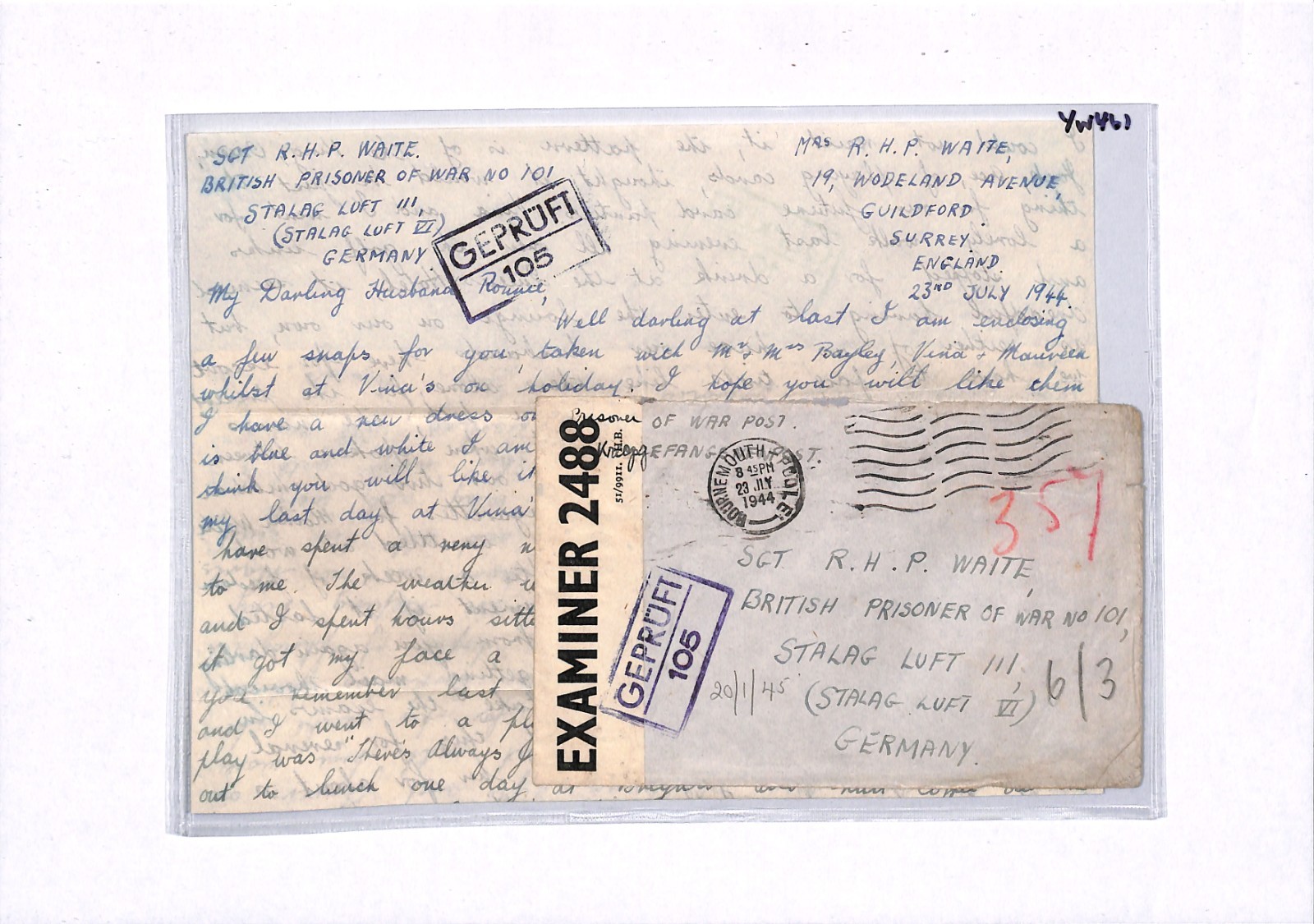 GREAT ESCAPE CAMP WW2 POW Guildford Cover 1944 STALAG LUFT 3 Censor Letter YW461 - Image 11