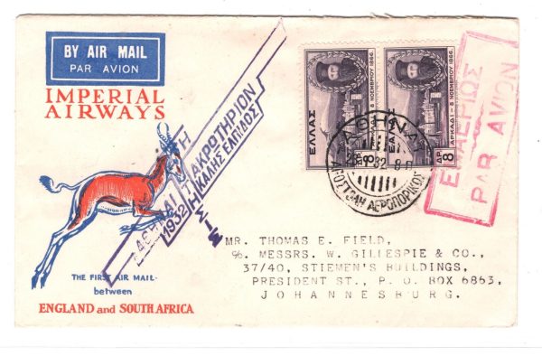 GREECE *Imperial Airways* ART Cover 1932 FIRST FLIGHT S.AFRICA Jo'burg Air KT14 - Image 12