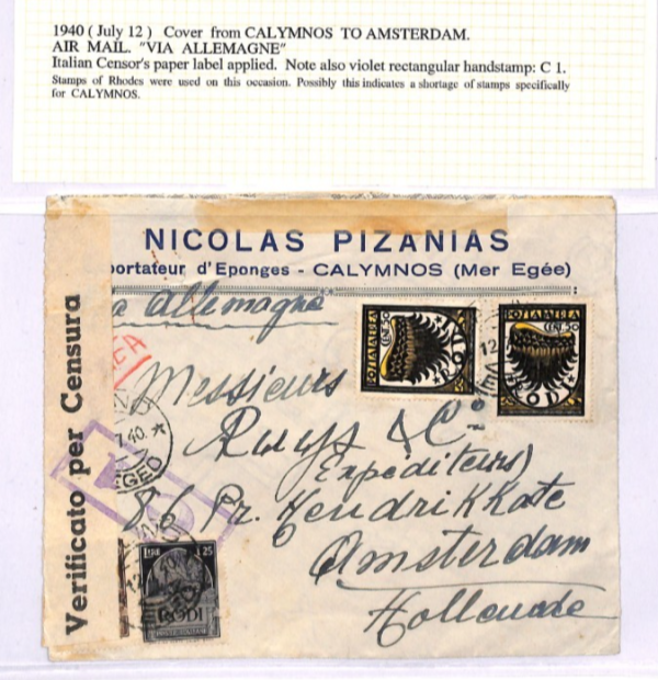 GREECE Italy Cols *RODI* STAMPS USED CALYMNOS Cover *C1* 1940 Amsterdam XD142 - Image 5