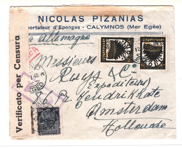 GREECE Italy Cols *RODI* STAMPS USED CALYMNOS Cover *C1* 1940 Amsterdam XD142