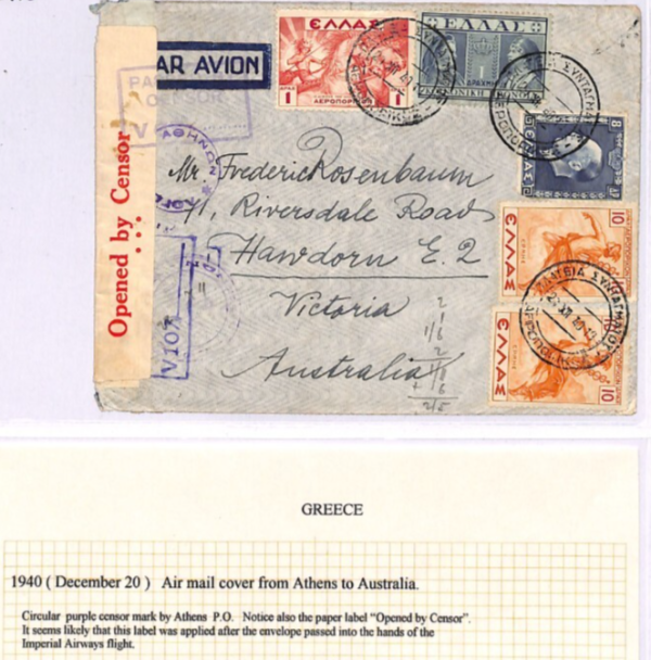 GREECE WW2 Air Mail Cover Athens CENSOR*** Australia 1940 Imperial Airways XD118 - Image 3