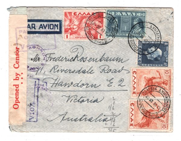 GREECE WW2 Air Mail Cover Athens CENSOR*** Australia 1940 Imperial Airways XD118