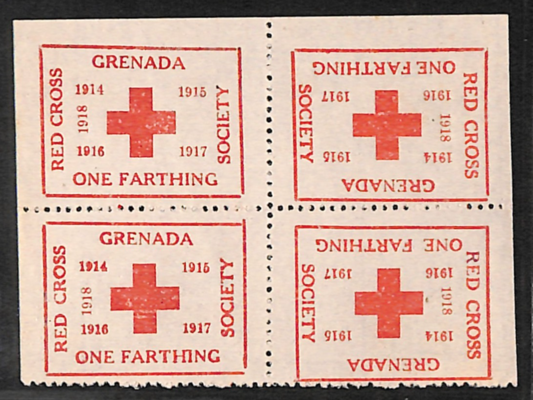GRENADA WW1 Farthing RED CROSS Stamp *1918* BLOCK{4} Tete-Beche Pairs Mint VS169
