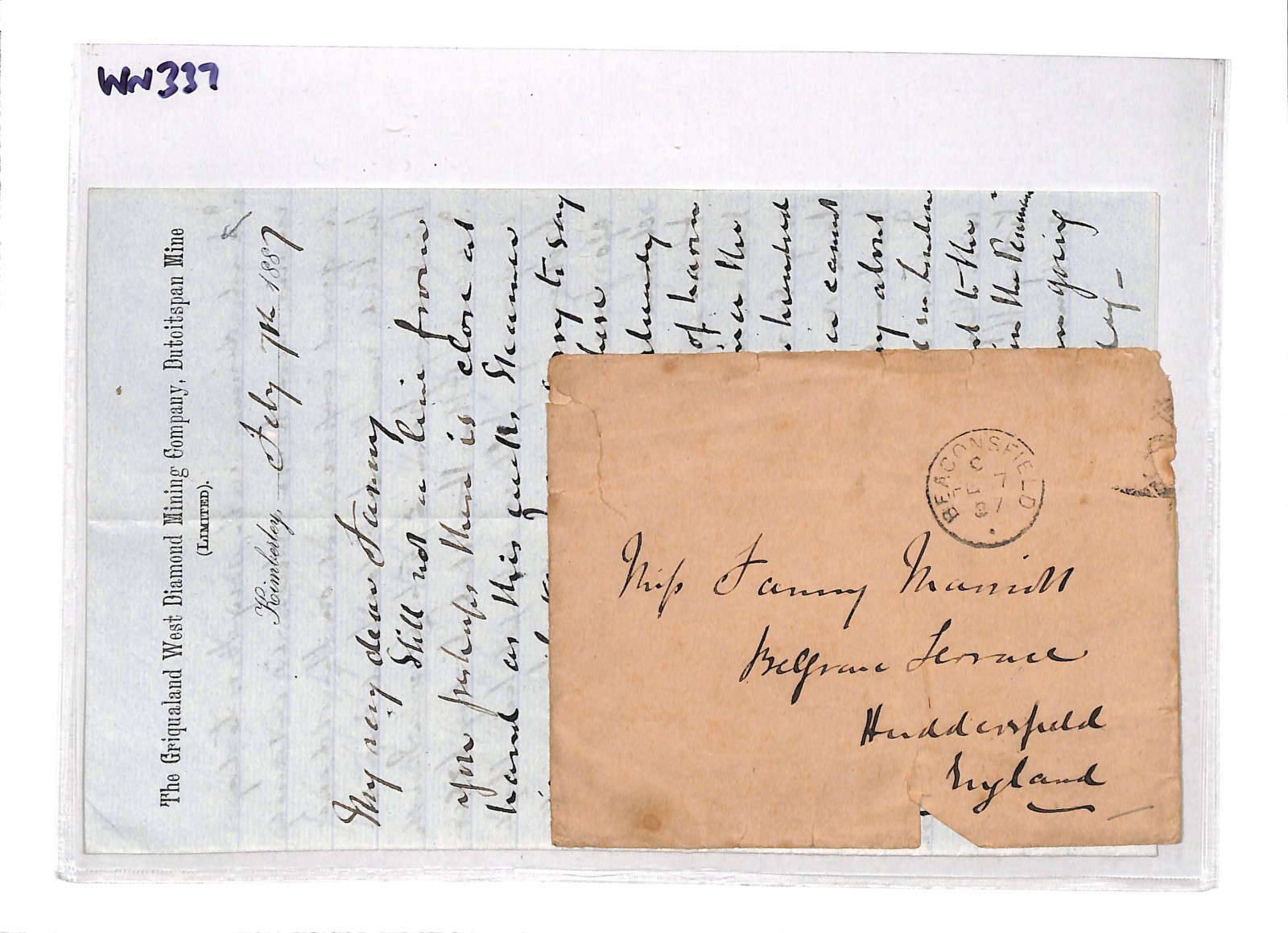 GRIQUALAND WEST Cover DIAMOND MINING S.Africa *DUITSPAN MINE* 1887 Letter WN337 - Image 4