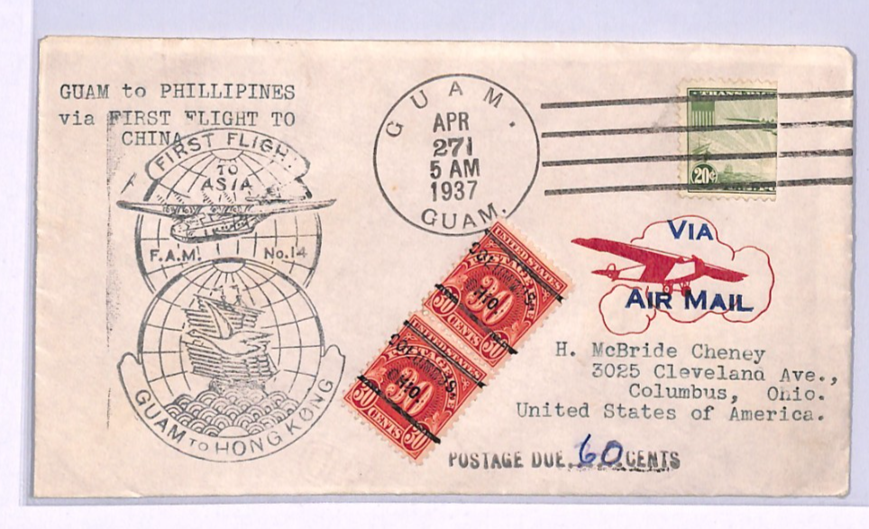 GUAM USA 20c *BISECT* Air #C21 Cover FIRST FLIGHT 1937 HONG KONG Ohio Dues XA215 - Image 3