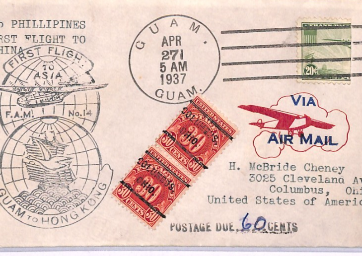 GUAM USA 20c *BISECT* Air #C21 Cover FIRST FLIGHT 1937 HONG KONG Ohio Dues XA215 - Image 5