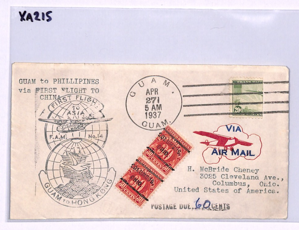 GUAM USA 20c *BISECT* Air #C21 Cover FIRST FLIGHT 1937 HONG KONG Ohio Dues XA215 - Image 6