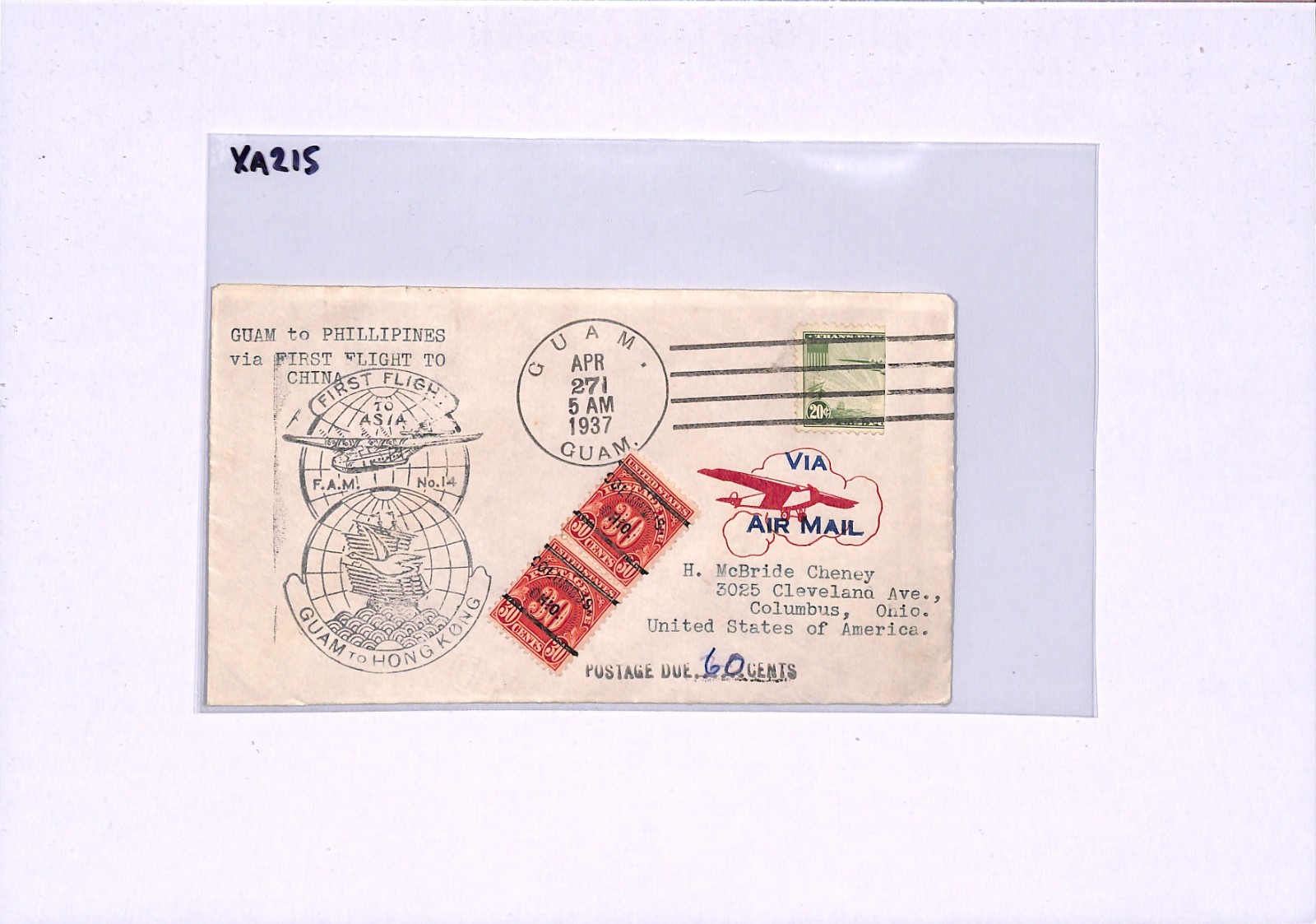 GUAM USA 20c *BISECT* Air #C21 Cover FIRST FLIGHT 1937 HONG KONG Ohio Dues XA215 - Image 8