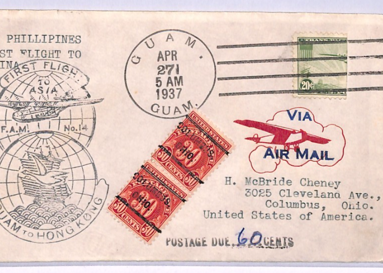 GUAM USA 20c *BISECT* Air #C21 Cover FIRST FLIGHT 1937 HONG KONG Ohio Dues XA215