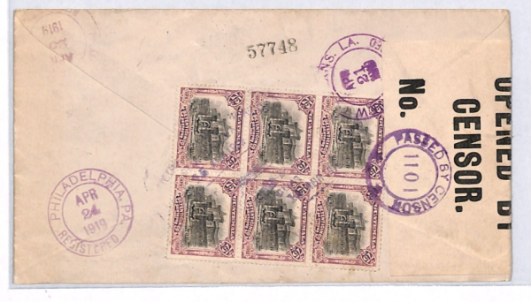 GUATEMALA Cover 1919 BLOCK Registered USA CENSOR *1101* Philadelphia Mail YH227 - Image 3