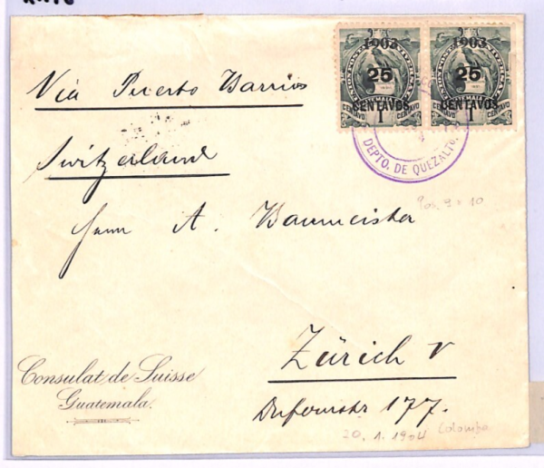 GUATEMALA Cover *Quetzaltenango* QUETZAL BIRD Surcharge Pair 1904 Zurich XH18 - Image 4