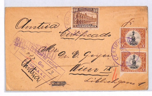 GUATEMALA Cover Zacapa *HIGH RATE* Registered 1923 Vienna {samwells}YH223