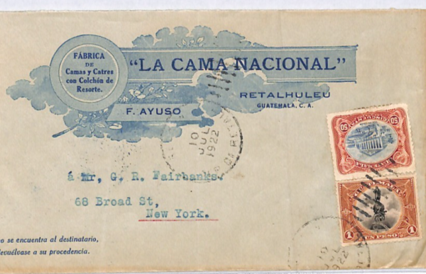 GUATEMALA Illustrated Advert Cover Retalhuleu USA New York 1922{samwells}YH224