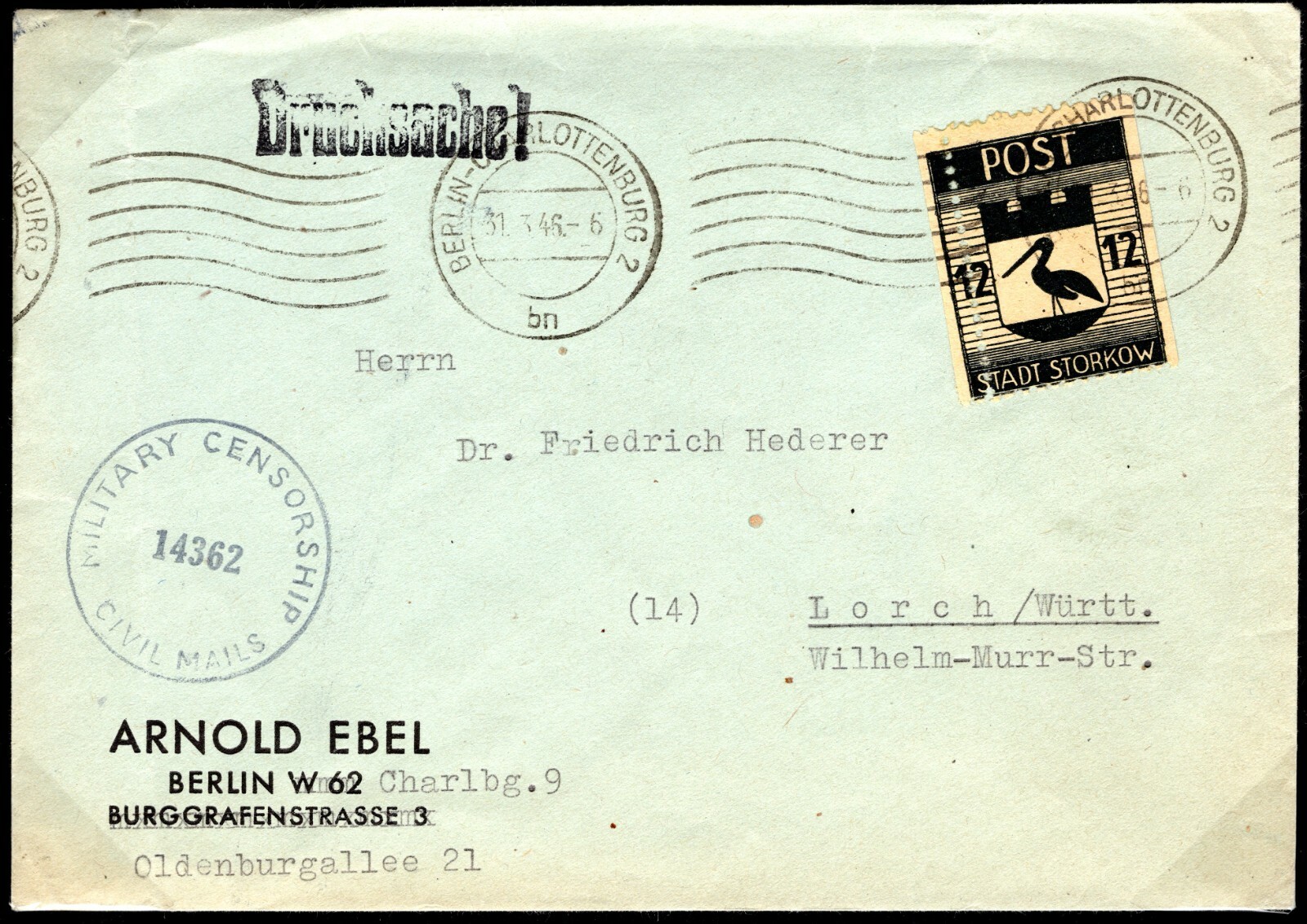 Germany Cover Soviet Zone Local *STADT STORKOW* Berlin Lorch Censor 1946 MC325 - Image 3