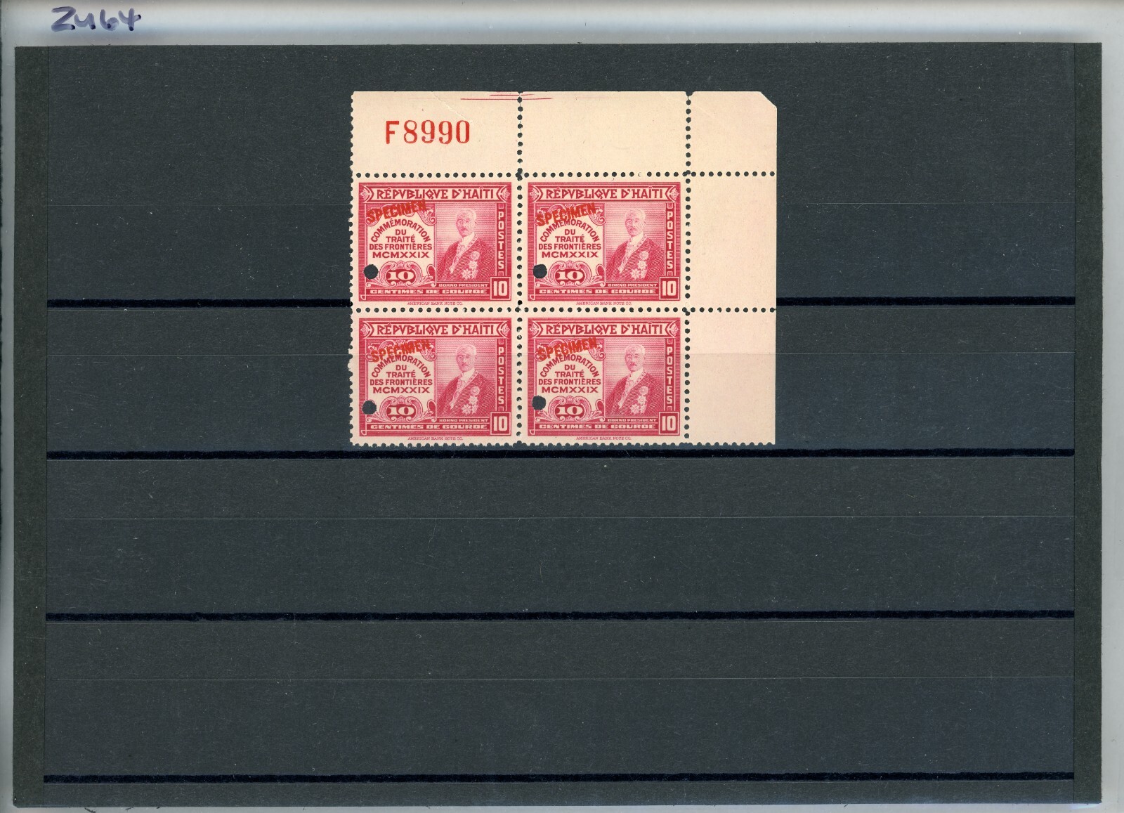 HAITI Stamps 10c ABNCo *F8990* 1929 SPECIMEN Margin Corner Block of 4 MNH ZU64 - Image 3