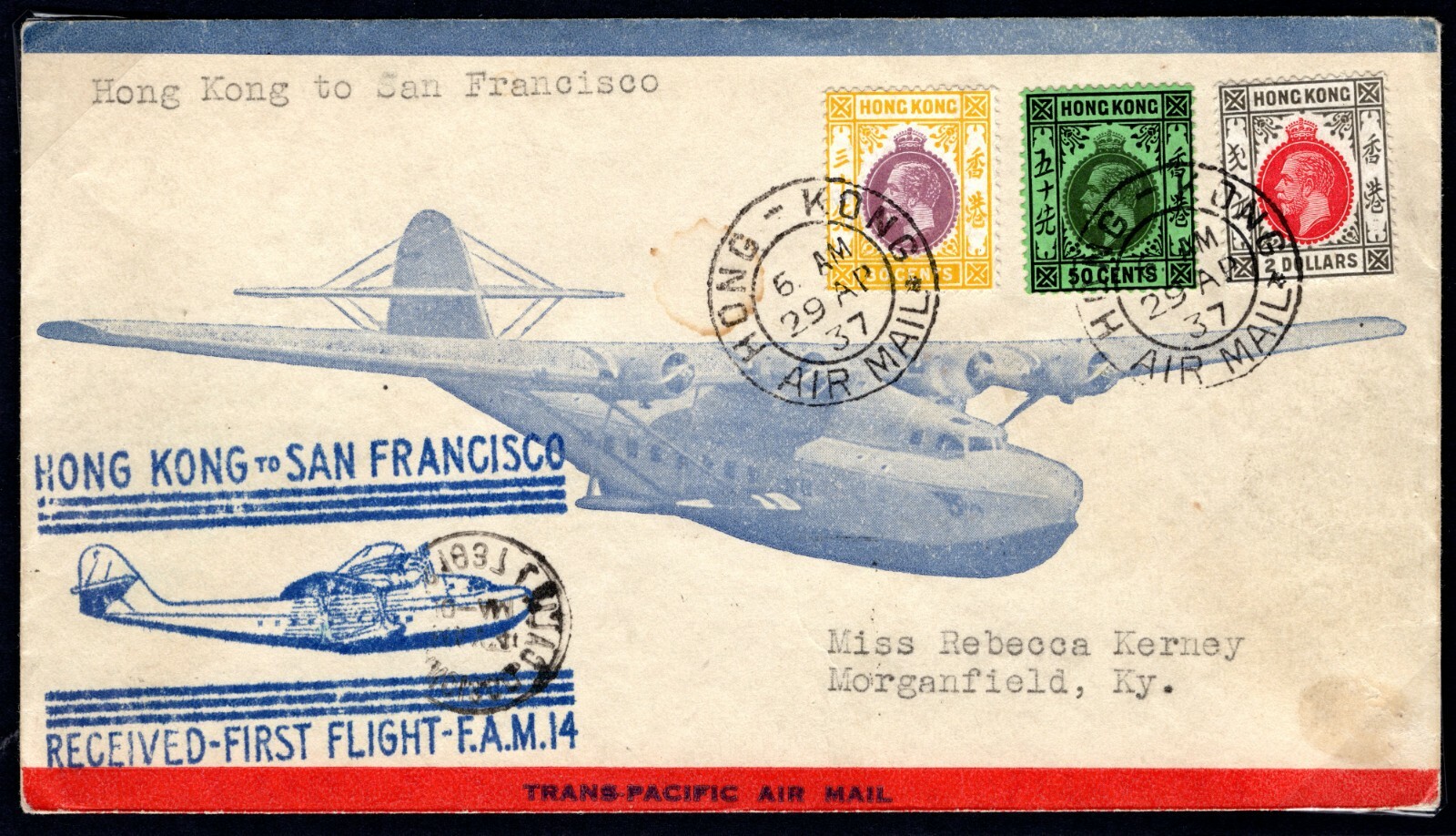 HONG KONG KGV Cover FIRST FLIGHT Airmail *CLIPPER* ILLUSTRATED Flying-Boat Y136a - Image 3