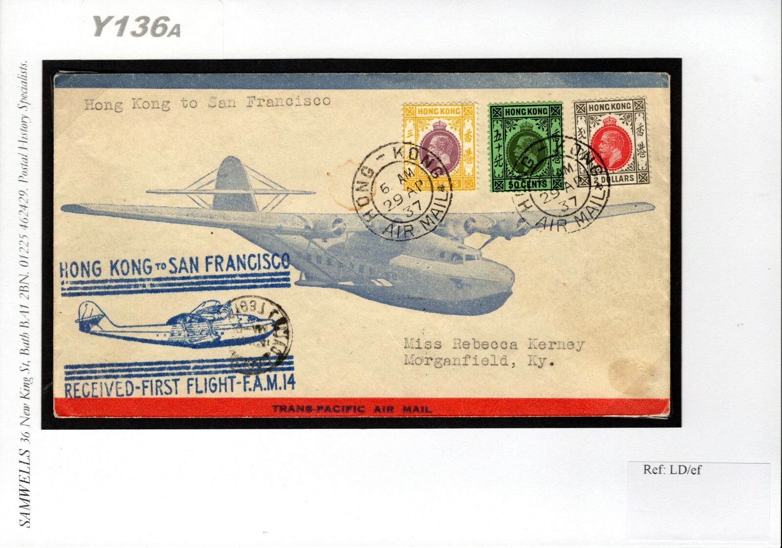 HONG KONG KGV Cover FIRST FLIGHT Airmail *CLIPPER* ILLUSTRATED Flying-Boat Y136a - Image 4