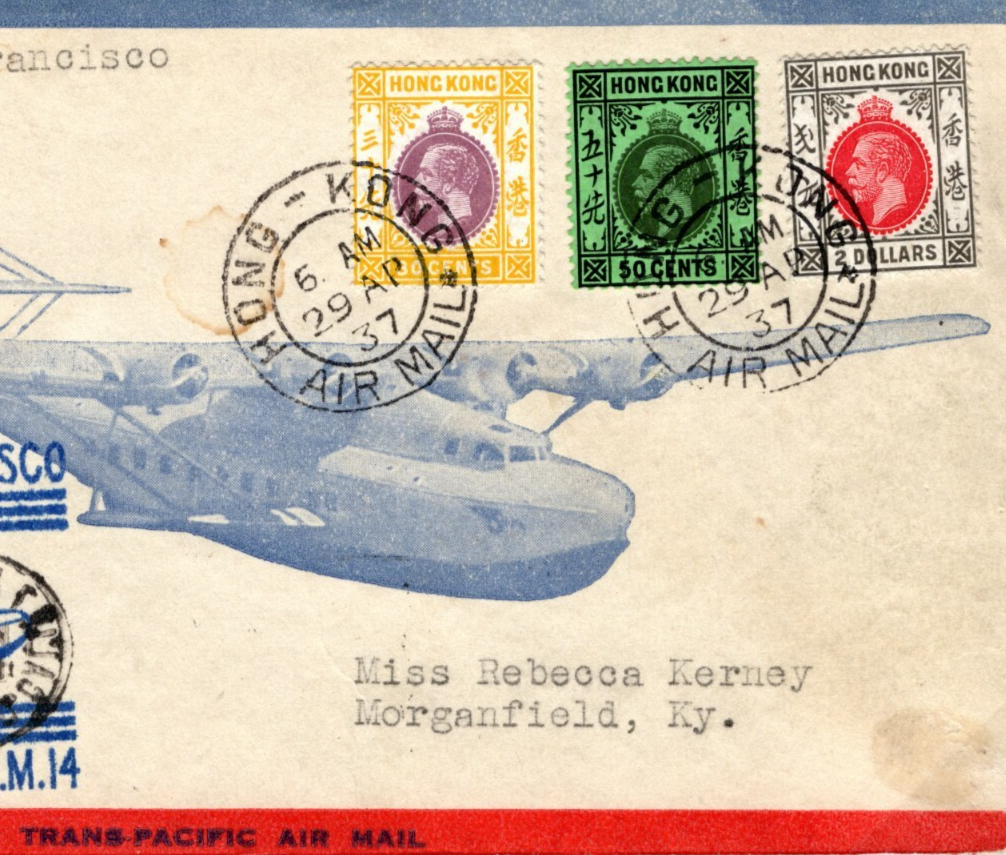 HONG KONG KGV Cover FIRST FLIGHT Airmail *CLIPPER* ILLUSTRATED Flying-Boat Y136a