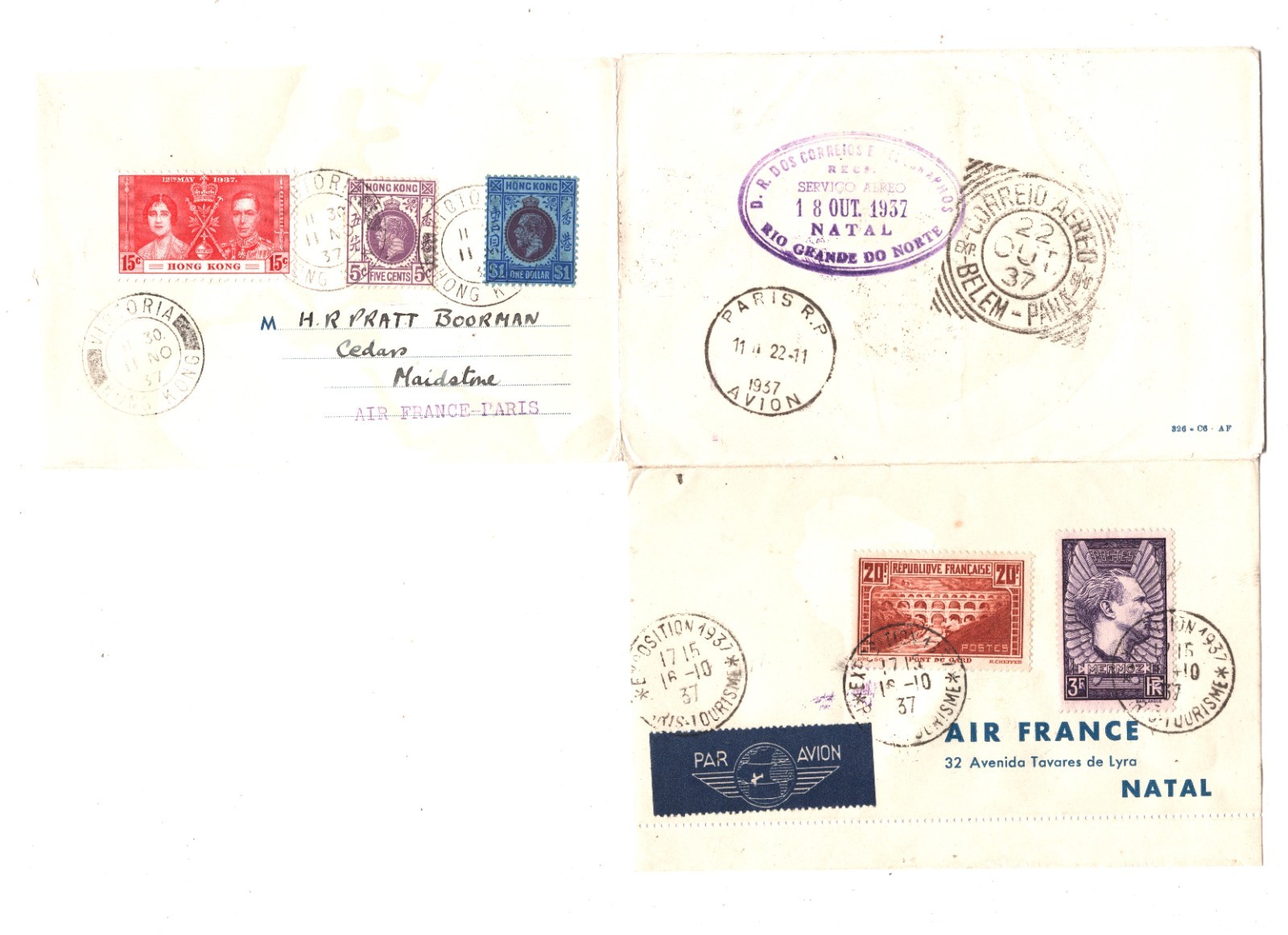 HONG KONG/BRAZIL/USA Air France 20f 3f Mermoz *WORLD FLIGHT* Cover 1937 XF235 - Image 3