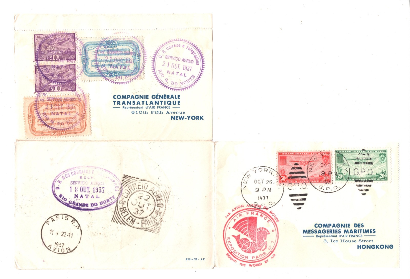 HONG KONG/BRAZIL/USA Air France 20f 3f Mermoz *WORLD FLIGHT* Cover 1937 XF235 - Image 4