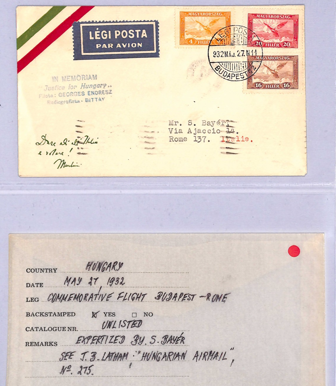HUNGARY Air 1932 Cover SPECIAL FLIGHT *JUSTICE FOR HUNGARY* Rome {ex Joffe}WT148 - Image 4