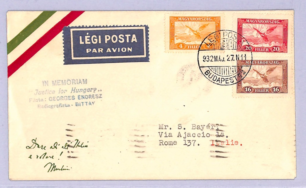 HUNGARY Air 1932 Cover SPECIAL FLIGHT *JUSTICE FOR HUNGARY* Rome {ex Joffe}WT148