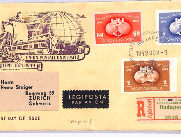 HUNGARY FDC 1949 *UPU* IMPERF SET Illustrated First Day Cover Regd Zurich XV67