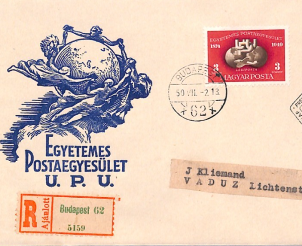 HUNGARY FDC 1950 UPU ANNIVERSARY Budapest Registered Liechtenstein Vaduz XV66