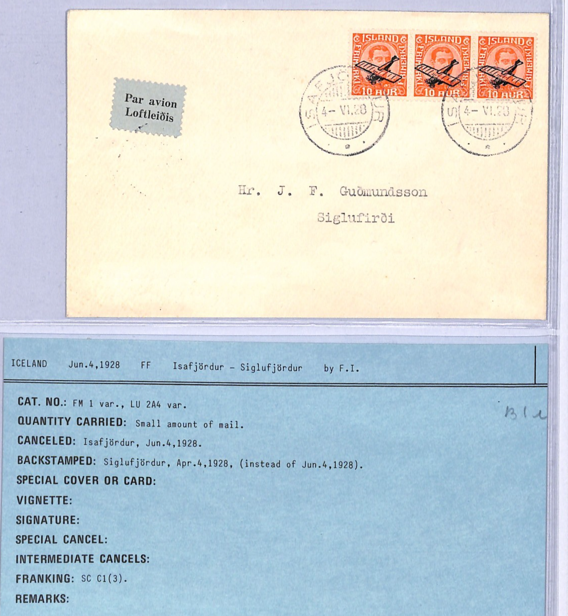 ICELAND Air 1928 Cover FIRST FLIGHT Ísafjörður-Siglufjörður {Muller #1 VAR}VT60 - Image 3