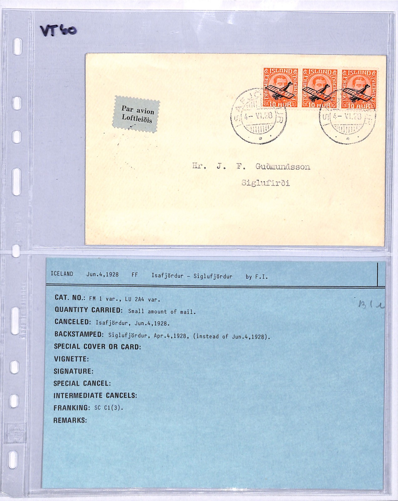 ICELAND Air 1928 Cover FIRST FLIGHT Ísafjörður-Siglufjörður {Muller #1 VAR}VT60 - Image 8