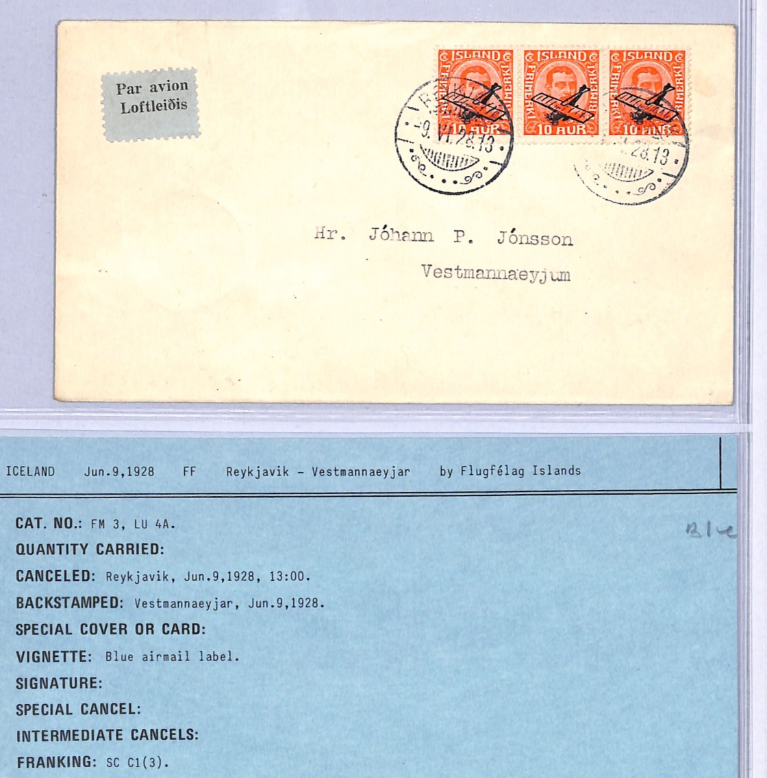 ICELAND Air 1928 Cover FIRST FLIGHT Reykjavik-Vestmannaeyjar {Muller #3}VT59 - Image 3