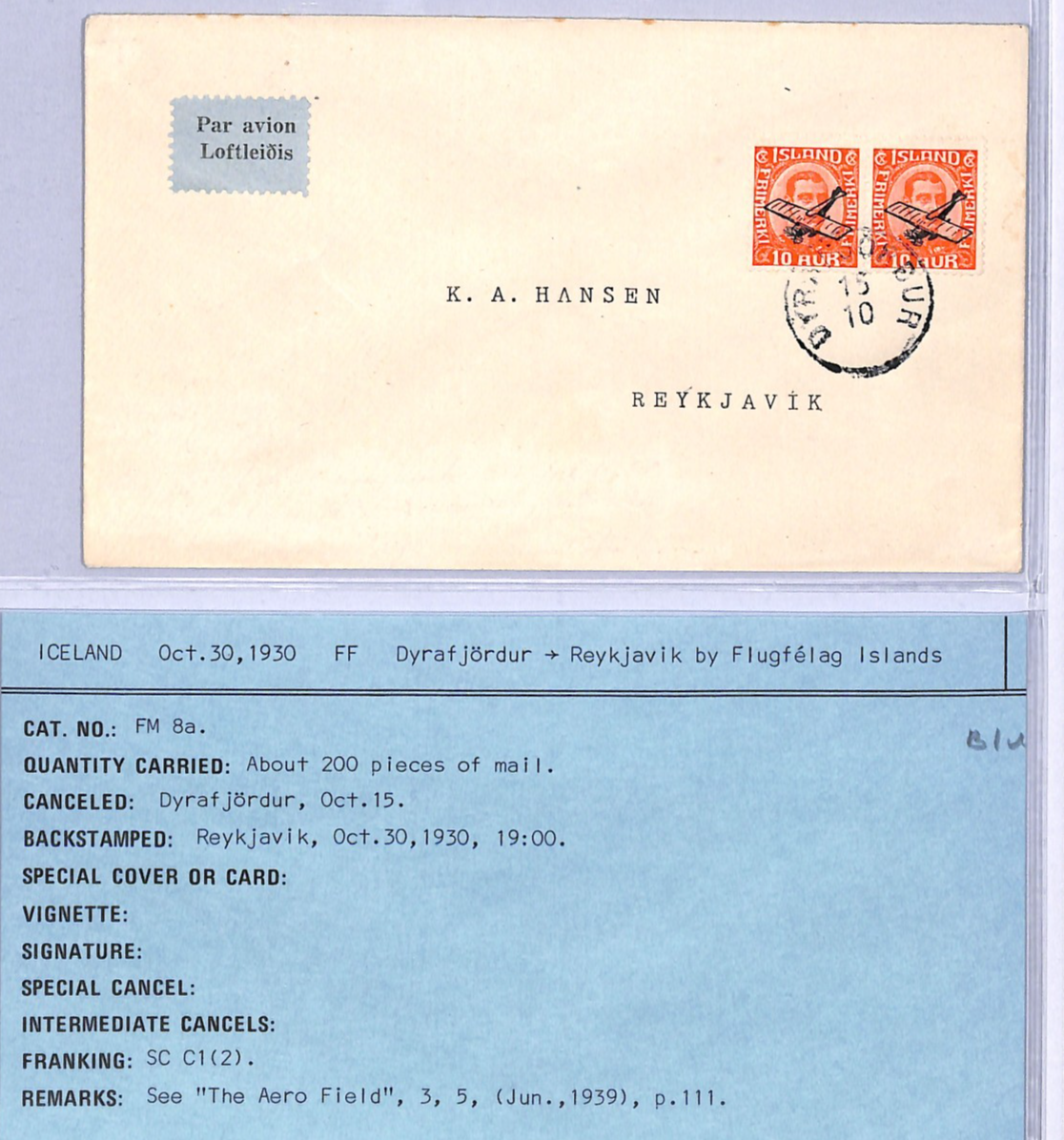 ICELAND Air 1930 Cover FIRST FLIGHT *Dýrafjörður*-Reykjavik {Muller 8a}VT55 - Image 3