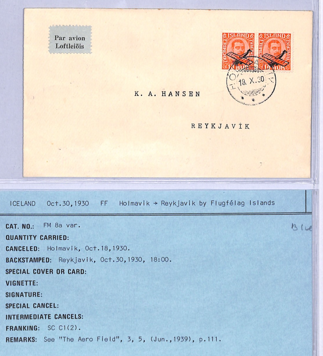 ICELAND Air 1930 Cover FIRST FLIGHT *Hólmavik*-Reykjavik {Muller 8a VARIANT}VT53 - Image 3