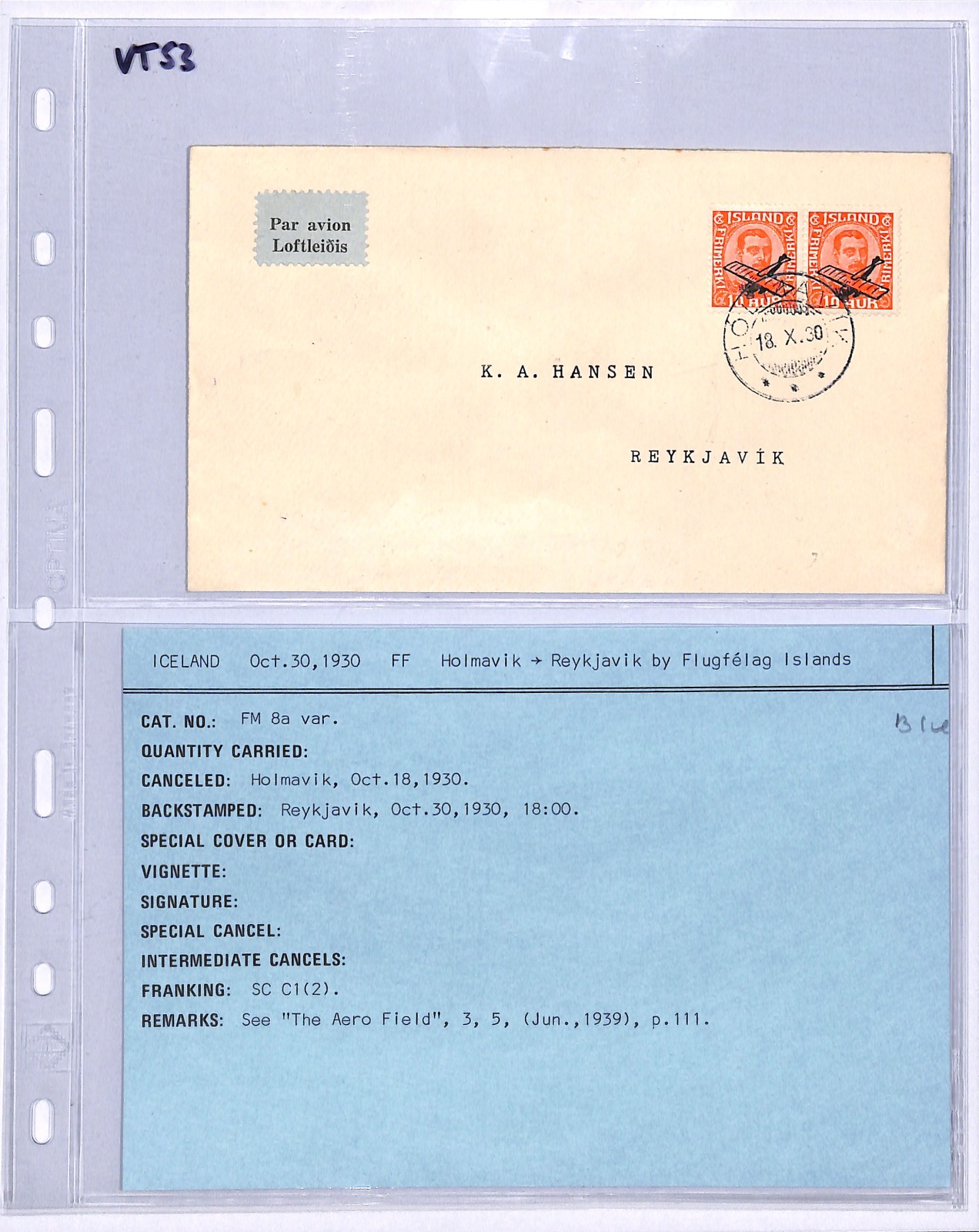 ICELAND Air 1930 Cover FIRST FLIGHT *Hólmavik*-Reykjavik {Muller 8a VARIANT}VT53 - Image 5