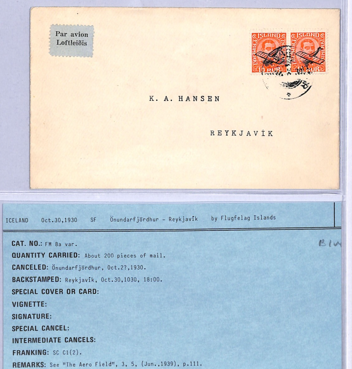 ICELAND Air 1930 Cover FIRST FLIGHT *Önundarfjörður*-Reykjavik {FM #8a VAR}VT56 - Image 2