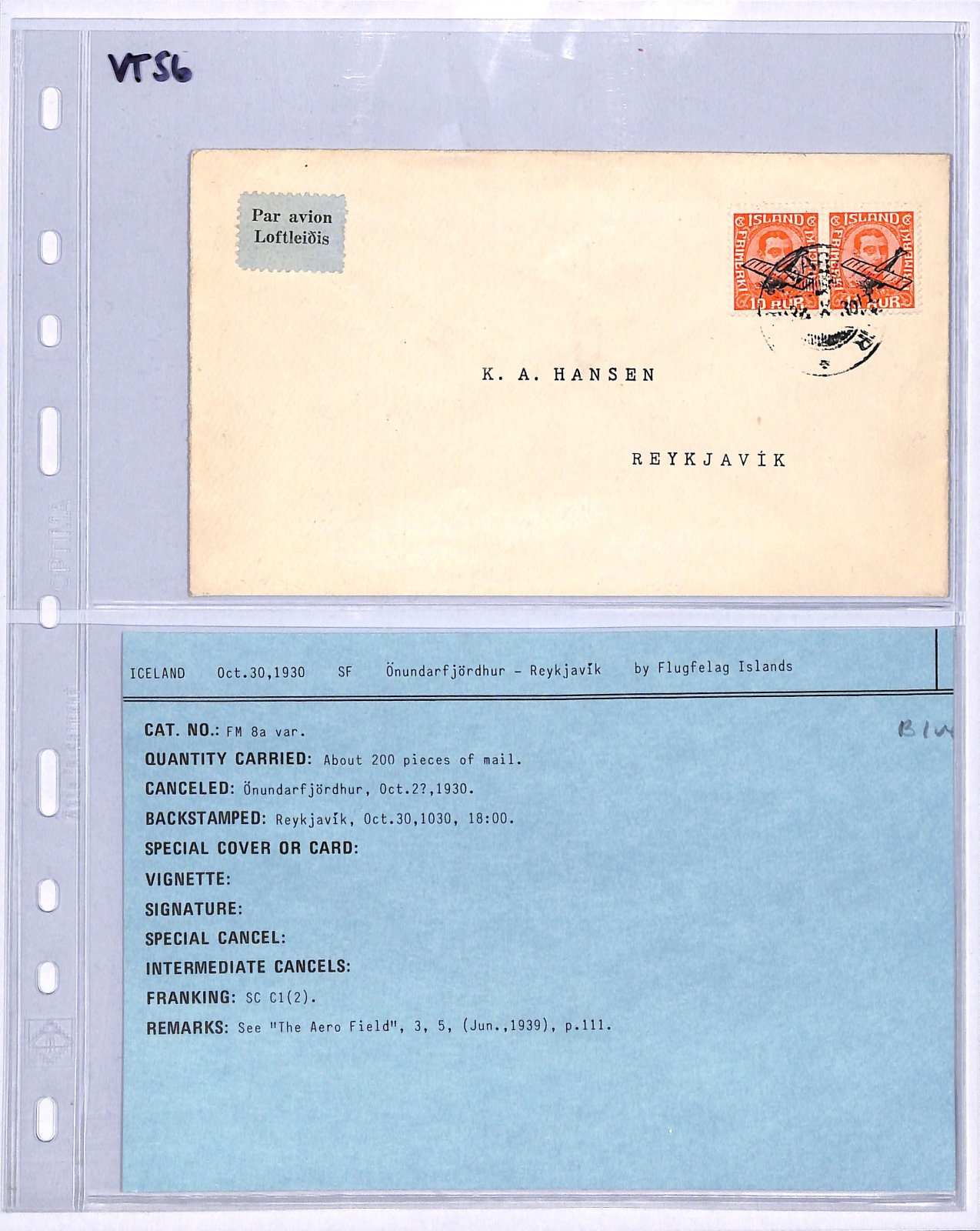 ICELAND Air 1930 Cover FIRST FLIGHT *Önundarfjörður*-Reykjavik {FM #8a VAR}VT56 - Image 7